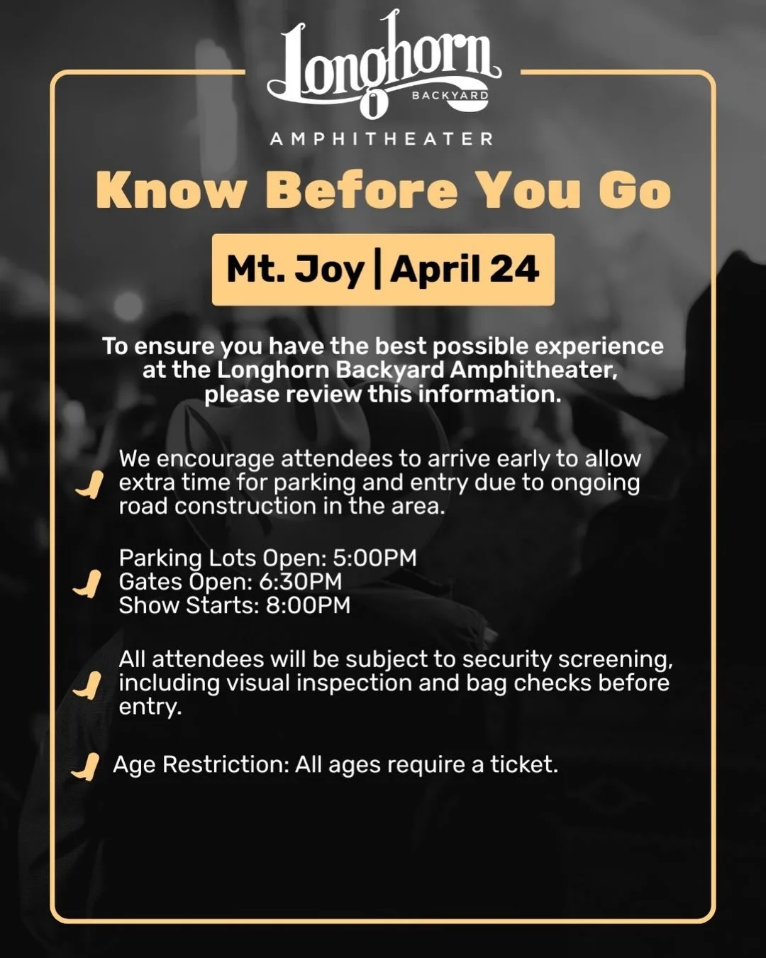 We can&rsquo;t wait for Mt. Joy to hit the stage at the Longhorn Backyard Amphitheater! To ensure you have the best possible experience, please review this information.