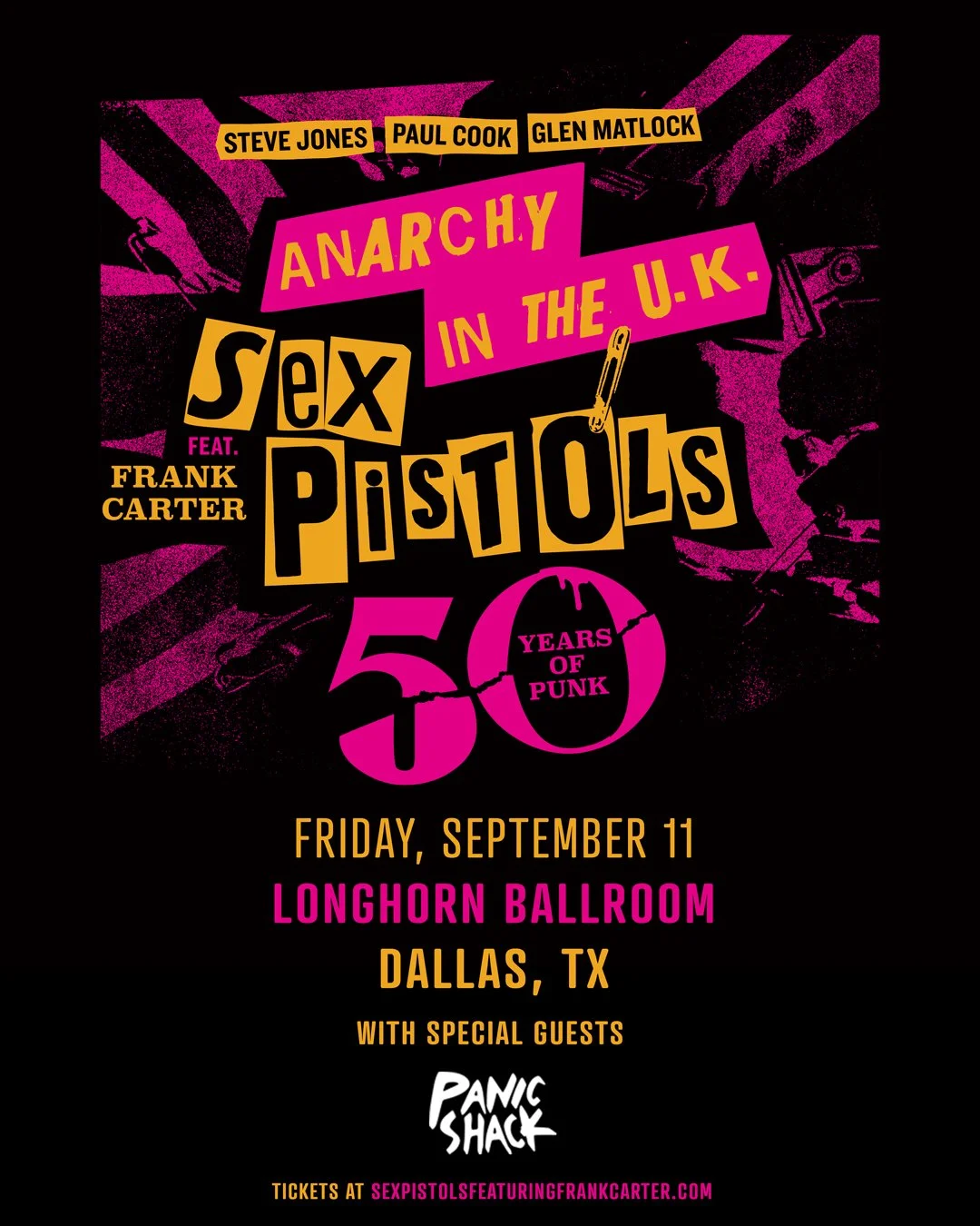 OPENER UPDATE ‼️ 
Indie punk rock band @panicshack will be opening up the show for Steve Jones, Paul Cook, Glen Matlock of the SEX PISTOLS featuring Frank Carter at the Longhorn Ballroom on Friday, September 11 🎸
Get your tickets for this legendary 
