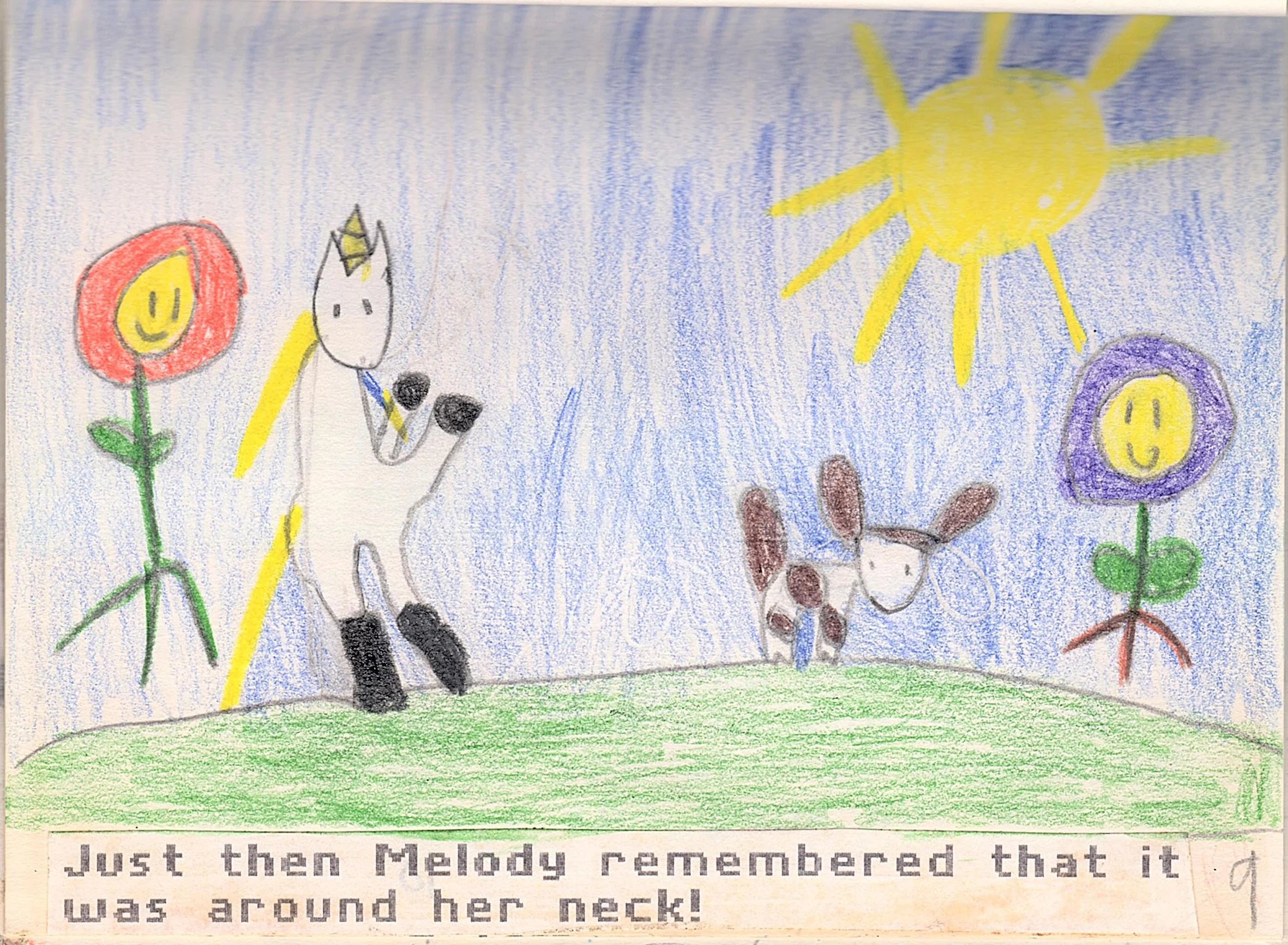 Oh, doy. This ending both aggravates me and makes me happy. Going back, I had the crystal around Melody's neck in nearly every picture. How did Spanky not see it?!?!? And also, come on eight-year-old me. What a convenient ending! But at the same time I see those "jumping-for-joy" flowers and Spanky's excited ears and I'm glad I gave the story a happy (though cheesy) ending.