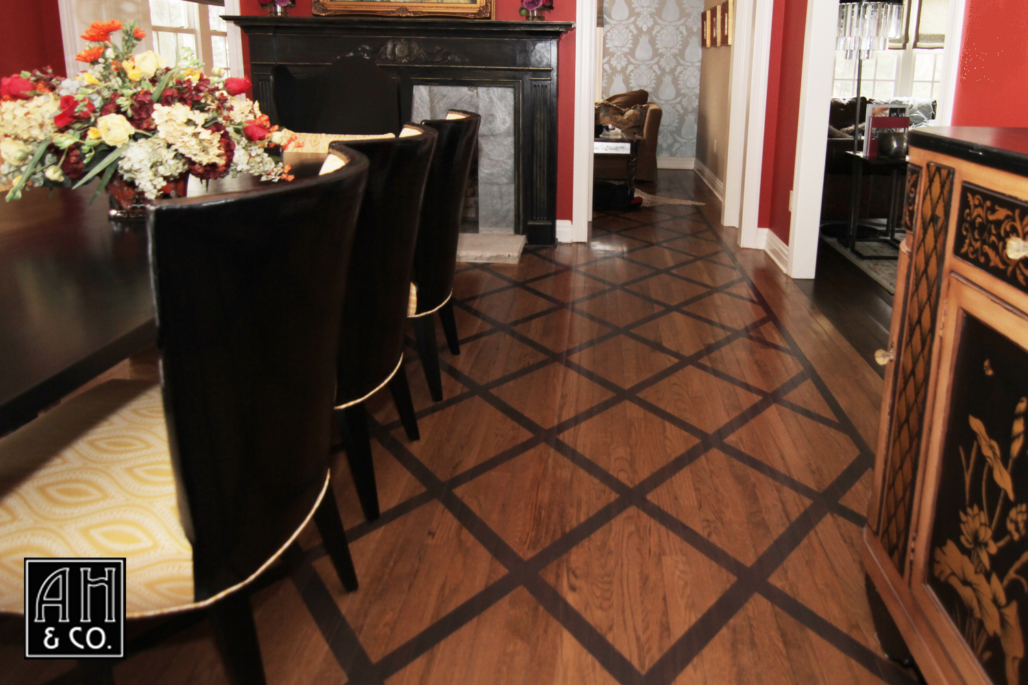 SHORT HILLS CUSTOM WALNUT HAND PAINTED DIAMOND FLOOR PATTERN