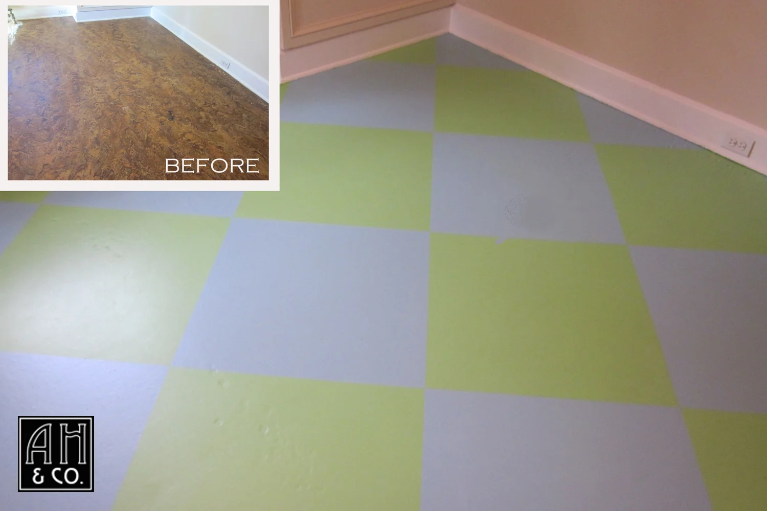 MONTCLAIR, NJ BOLD AQUA & LIME FAUX PAINTED CHECKERBOARD WOOD FLOOR