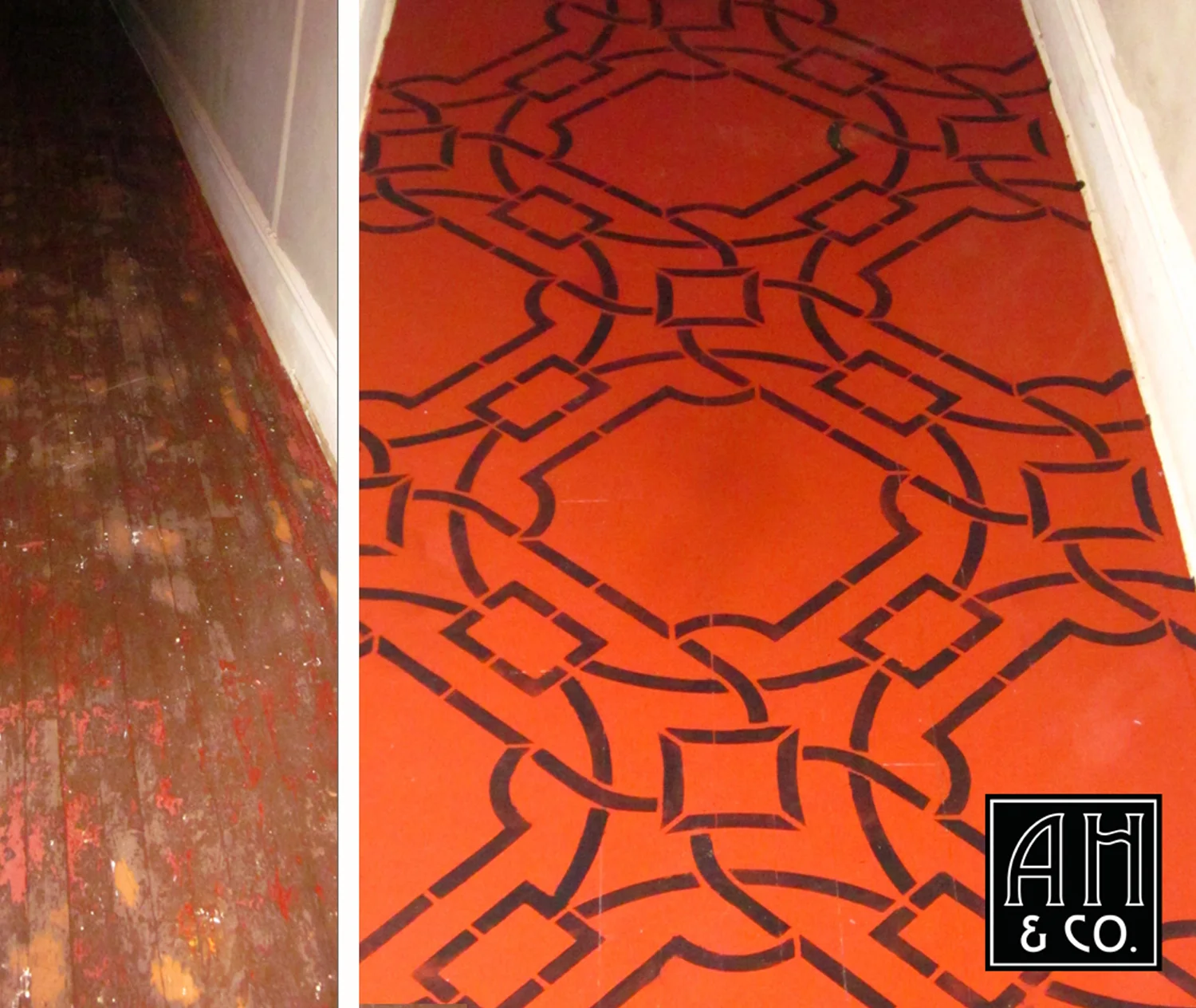 RED GEOMETRIC KNOT STENCIL PAINTED FLOOR