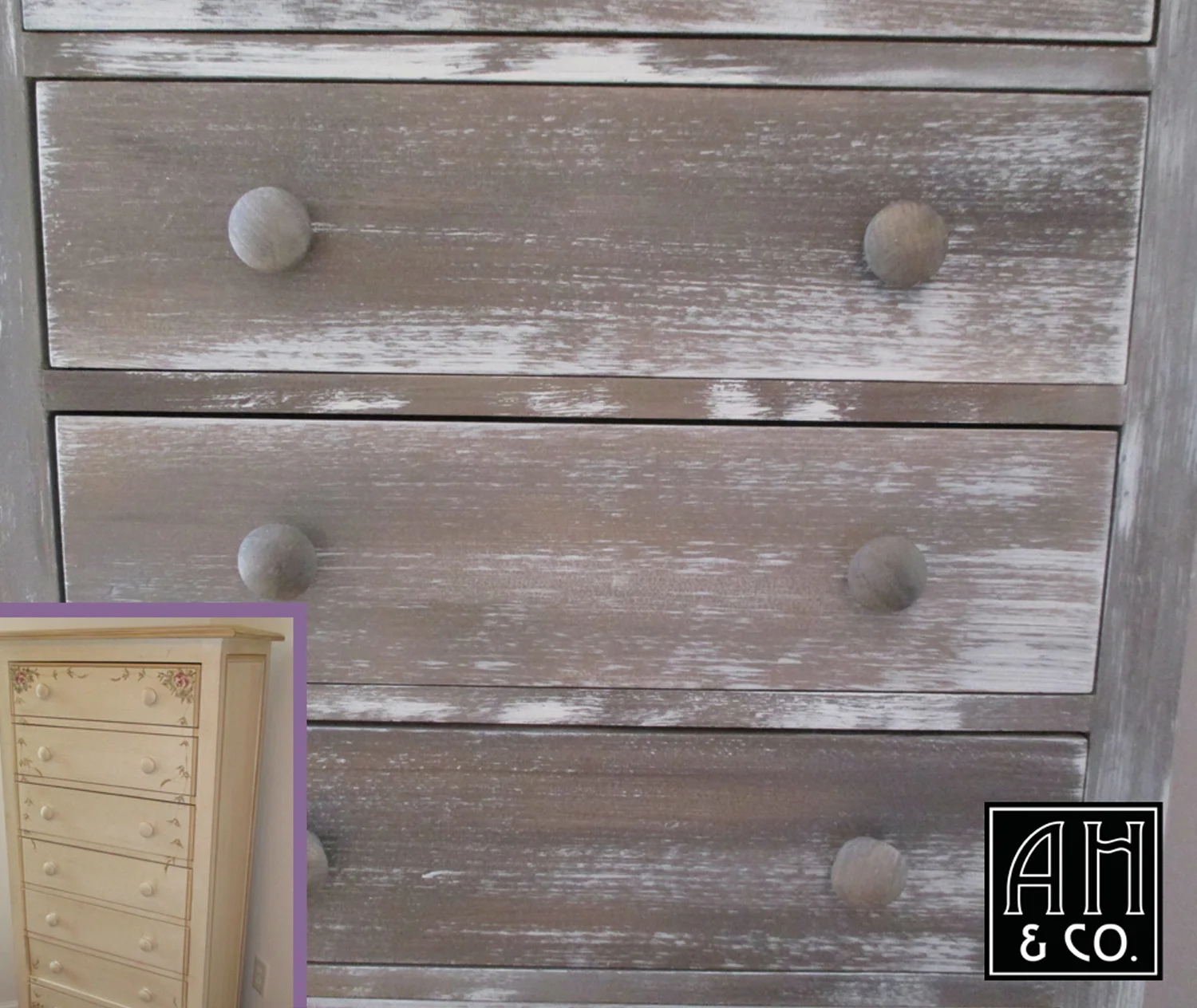 DETAIL: DISTRESSED FAUX BEACHWOOD DRESSER