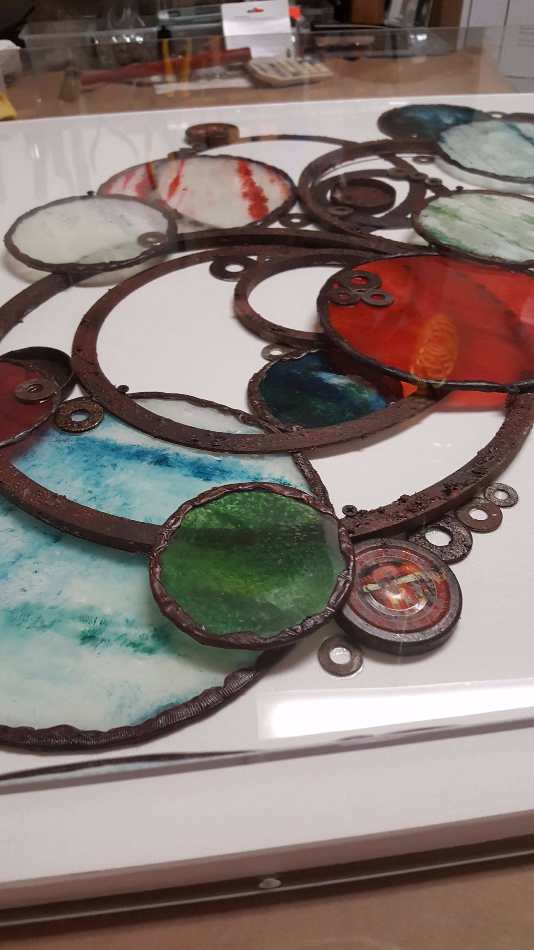 "RAO'S" SAUCE LIDS, FAUX RUST & HAND PAINTED GLASS ART SCULPTURE