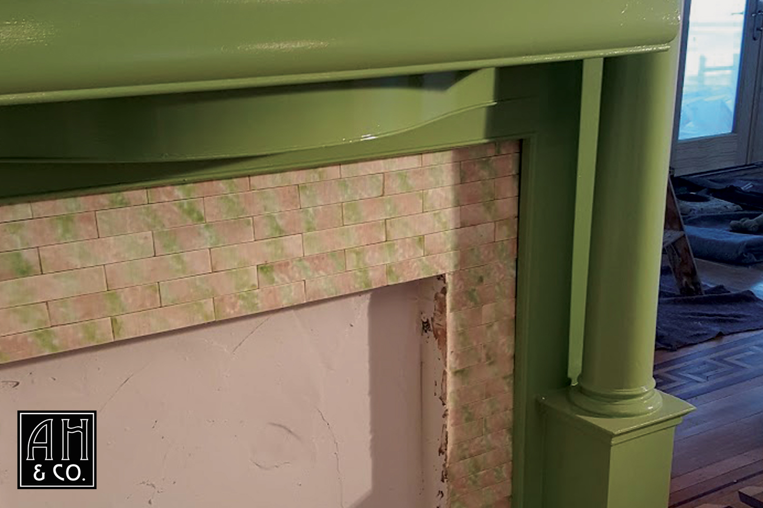 ORIGINAL TILE DETAIL USED TO COORDINATE THE CUSTOM MIXED GLOSS GREEN ENAMEL FINISH