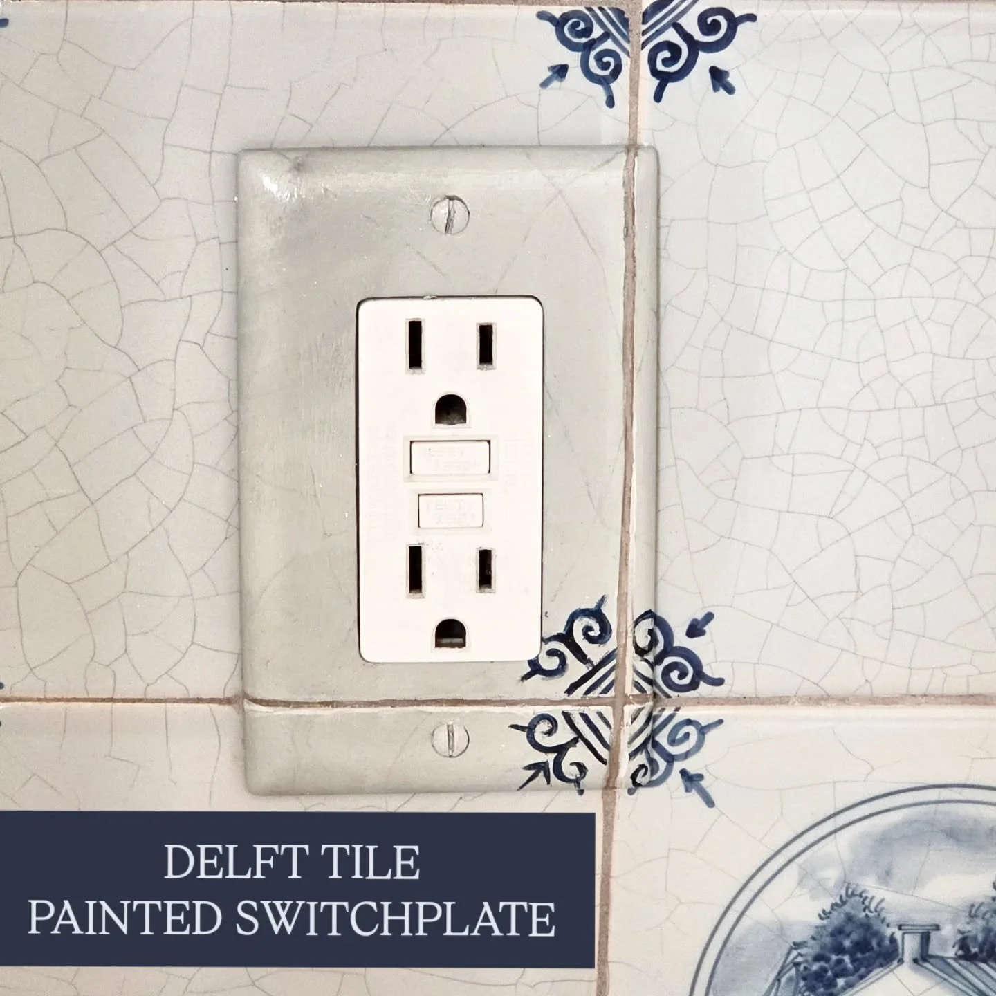 Love a switchplate makeover. These backsplash plates look just like the original Delft tile.  I start by matching the base color in a dirty pale blue, then paint on the fine cracklure.  Add in the indigo swirls and shaded grout lines.  The final touc