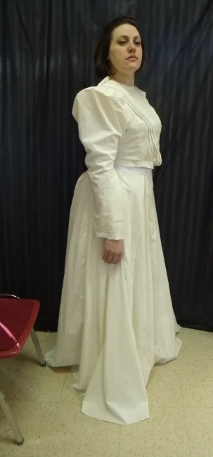  Mock-up of dress.&nbsp; The first version of the sleeves I felt was not grand enough. 