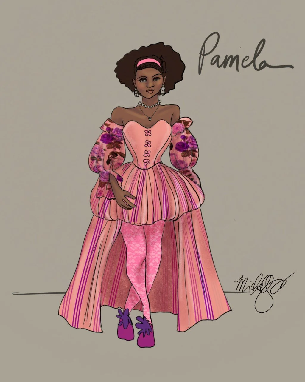  In looking at the rendering and research, the main idea behind this garment was early 1990s haute couture meets Elizabethan. Original rendering by costume designer Michelle Hunt Souza. 