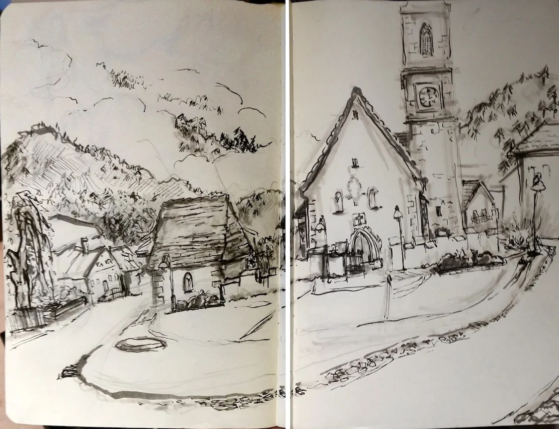 Sketching Tschengls, the closest town to the farm.