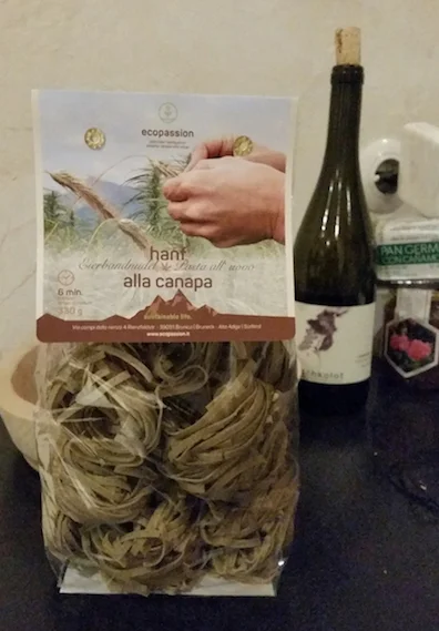 Hemp pasta from Ecopassion and red wine from my host's vineyard = my dinner.