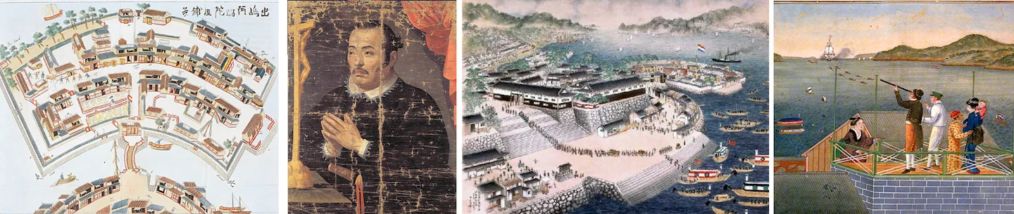 From left: 1. Birds eye depiction of Dejima Island 2. Japanese nobleman Hasekura Tsunenaga's conversion to Christianity 3. Bay of Dejima 4. Philipp Franz von Siebold, resident physician stationed at Dejima with wife Taki Kusumoto and baby daughter Iā¦