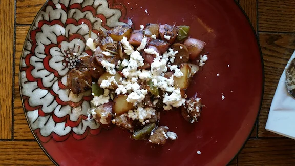 Garden potatoes and homemade goat cheese.