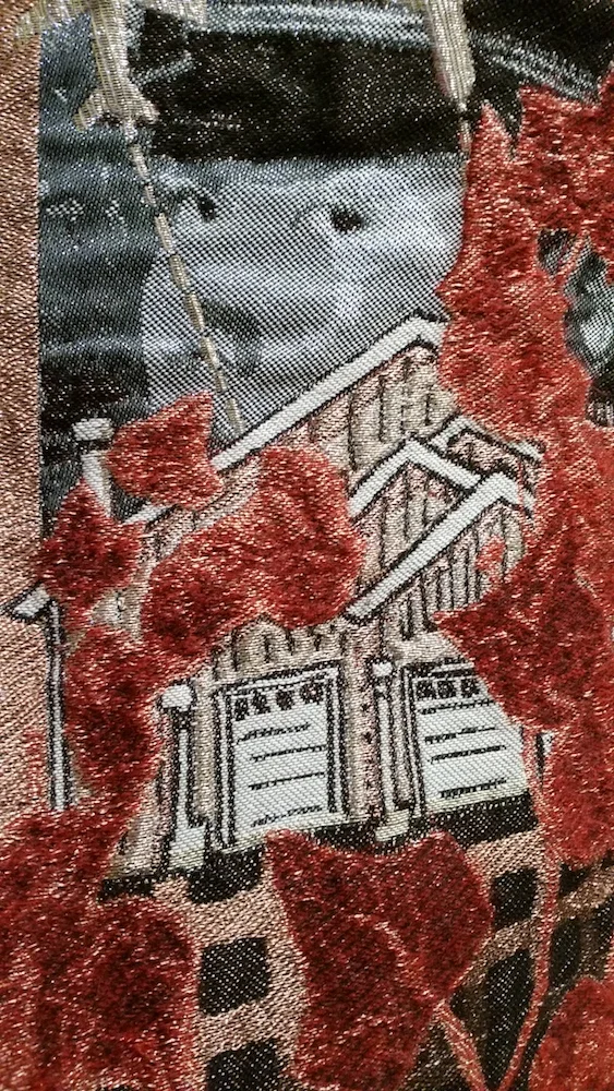 A close up detail of the final 54" x 2 yd length. My childhood house back in Seattle appears behind the red mohair leaves.