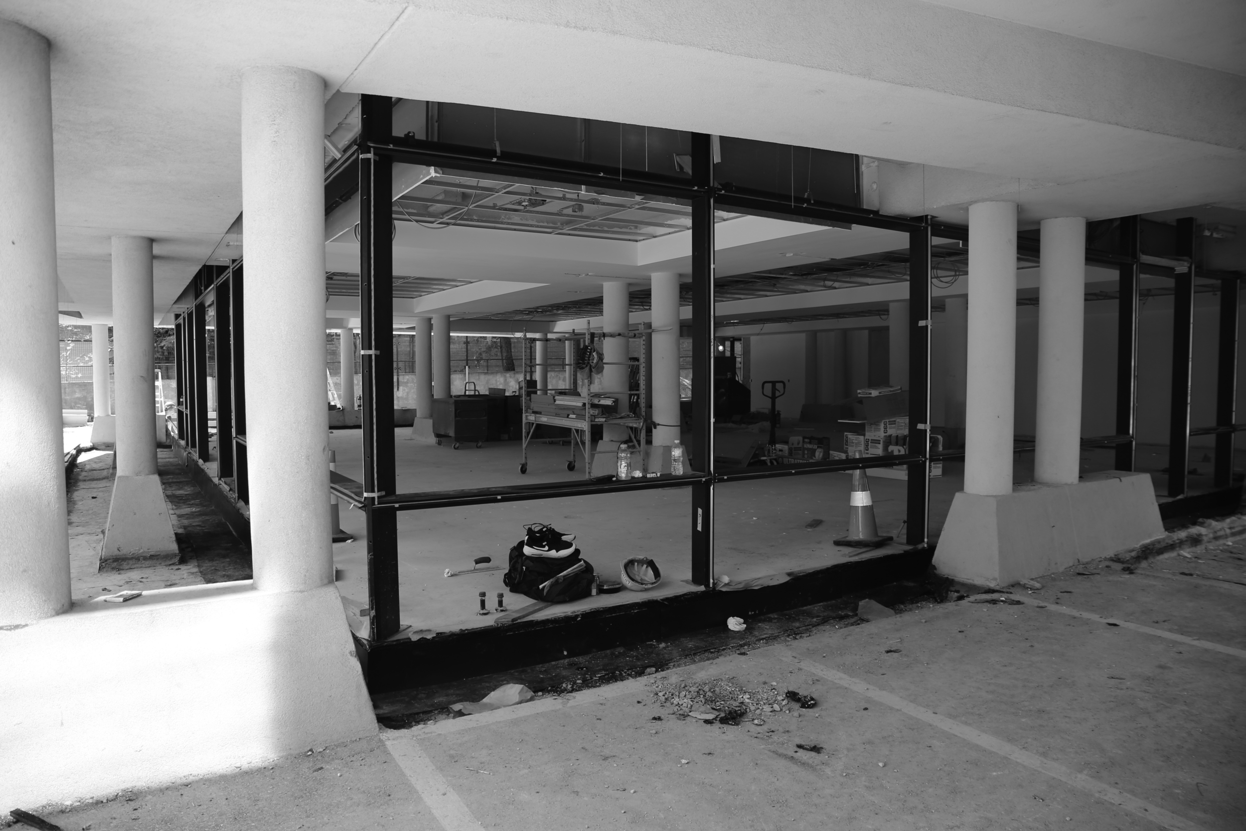 The parking garage will be home to temporary classrooms and our reception area until the first and second floors have been completed.