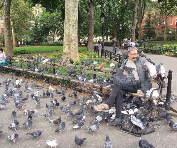 Paul, who lives in a rent-controlled apartment in the neighborhood, is a staple of Washington Square. Known affectionately as the "bird man" or the "pigeon man", he can be found on the same bench every day, feeding the birds he considers his old friends. 