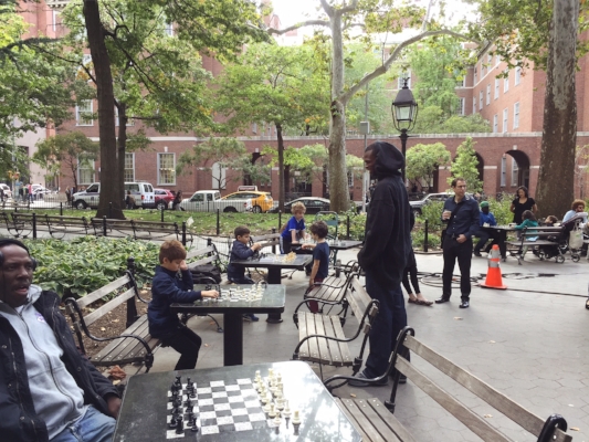 This corner of Washington Square features chess tables where masters & novices gather to play every day (some for money, some for sport). Child prodigy Bobby Fischer, director Stanley Kubrick, & many others played these tables in their youth. 
