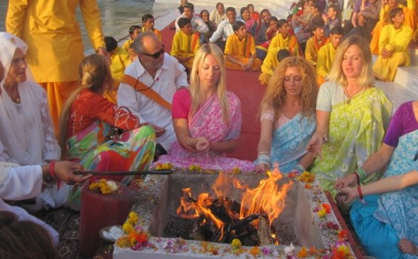 Yagna - a fire ceremony to purify body, mind and soul in Rishikesh by the river ganga