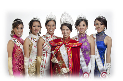 From left to right : Miss Friendship Stacey Cheung, Third Princess Ruby Chen, First Princess & Miss Friendship Eileen Kwan, Queen Lauren Zhou Weinberger, Second Princess Jane Yap, and Fourth Princess & Miss Photogenic Celine Linarte