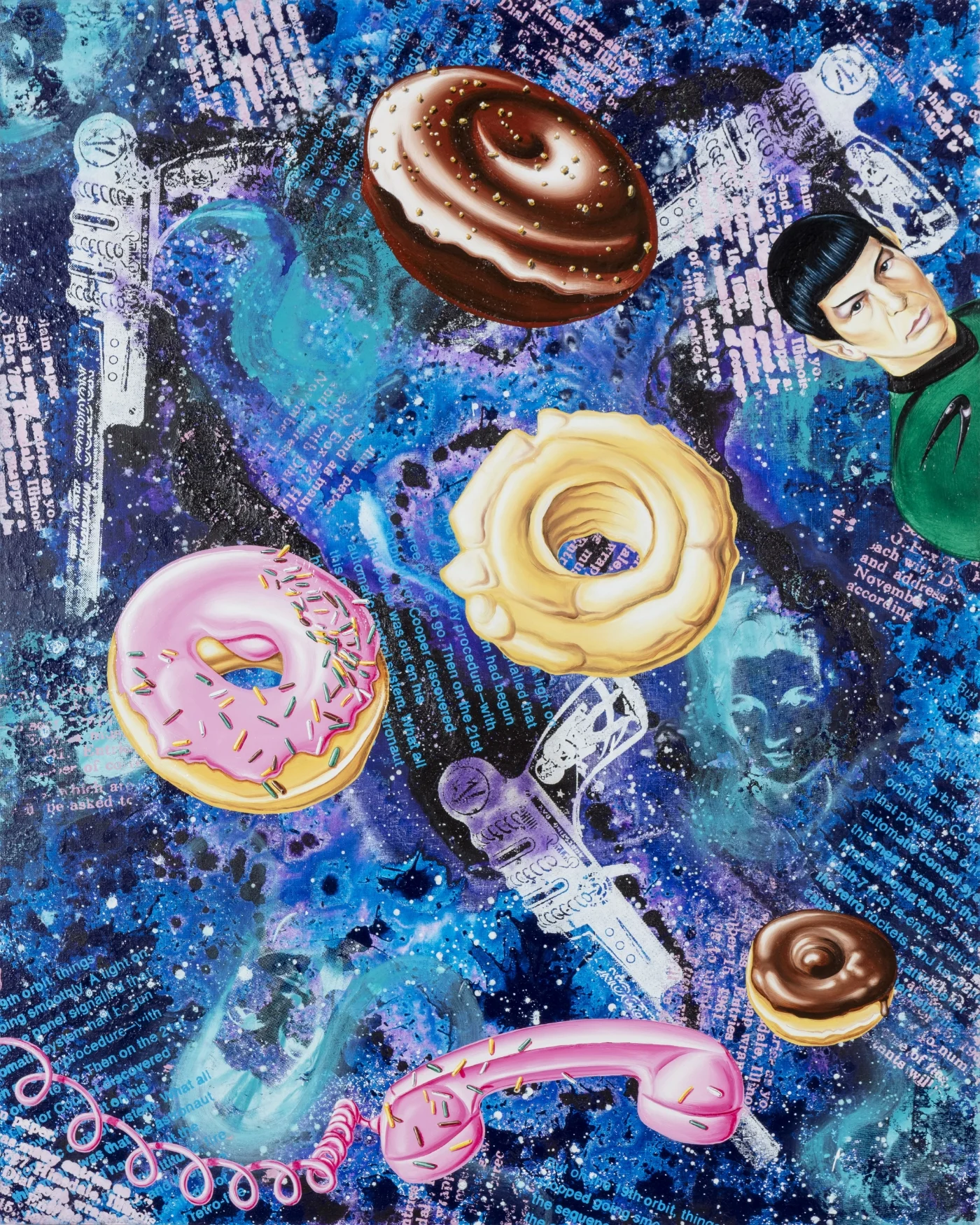   HELLO OUT THERE , 2015 Oil, Acrylic, &amp; Silkscreen Ink on Linen with artist powder coated aluminum frame 60 5/8 x 48 5/8 inches 