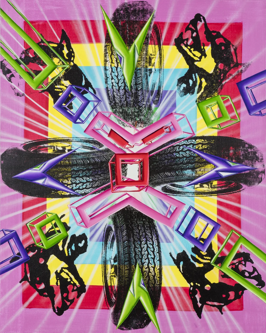   BAM! , 2015 Oil, Acrylic, &amp; Silkscreen Ink on Linen with artist powder coated aluminum frame 60 5/8" x 60 5/8" 