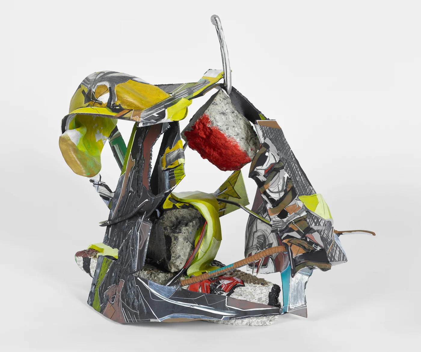 Strewn Armor , 2015 Reclaimed steel and concrete, epoxy clay, linen and cotton fabric, acrylic paint and oil stick 27.25 x 22.5x 21.25 inches