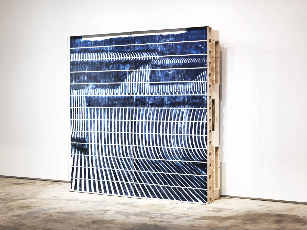 Blue Fragment , 2016 wood, metal , tempered glass, gouache 8 ft x 8 ft x 16 inches
