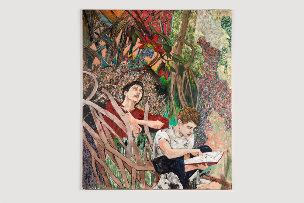 Hernan Bas reading from a blank book 2016 Acrylic and enamel on linen 72 x 60 inches