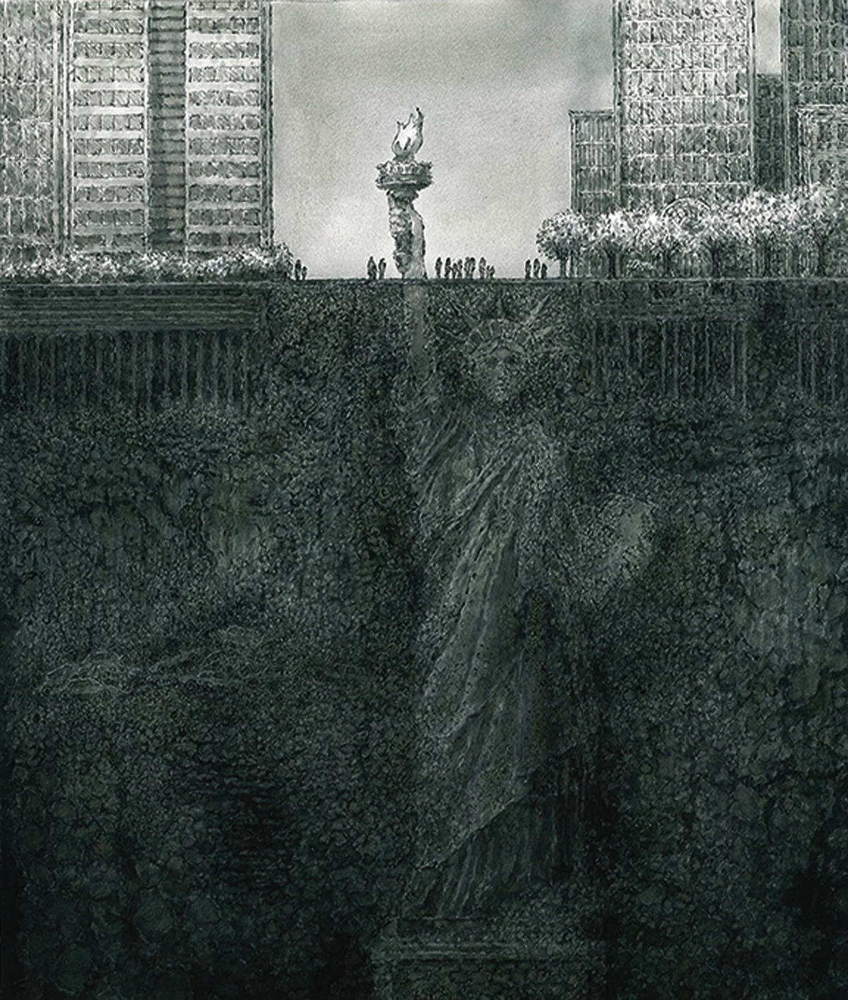 Lady Liberty Plaza, 2016. Pe and ink wash 22 3/4 x 25 3/4 inches