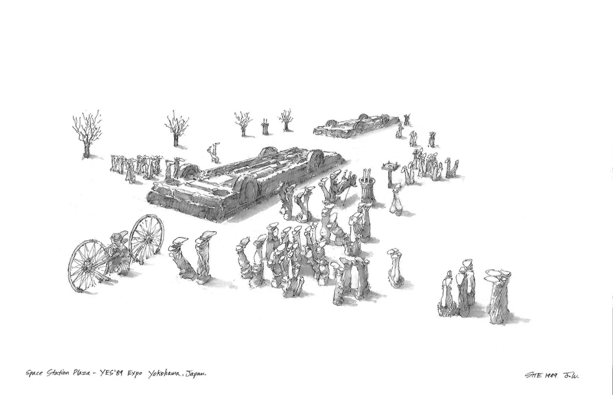 Space Station Plaza- Yes '89 Expo Yokohama, Japan, 1989. Pen and Sepia wash 11 x 17 inches