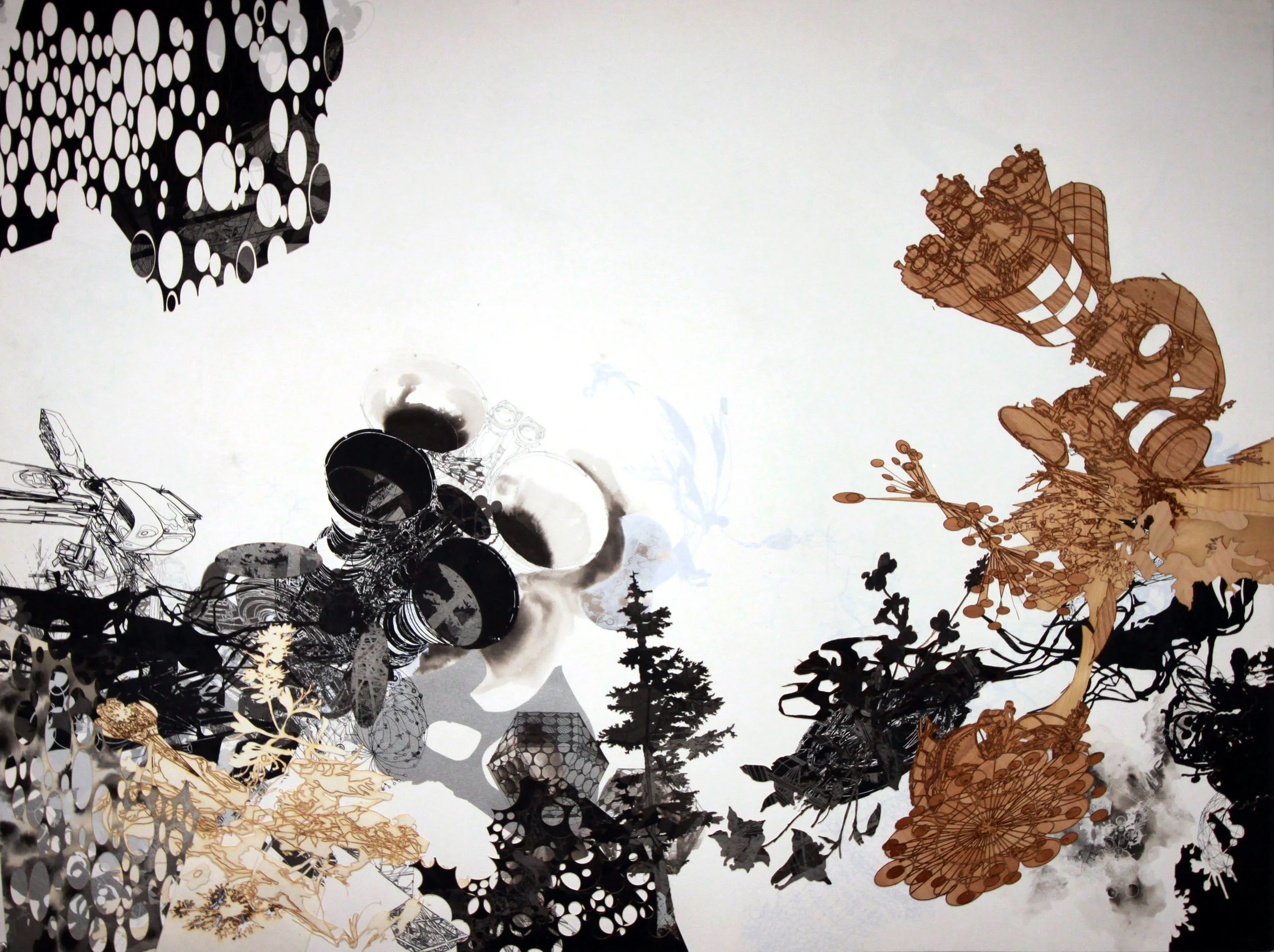  Flatland,&nbsp; 2003 - ongoing Unique silkscreen, laser engraved paper and wood veneer with hand coloring on paper 35 x 46 1/2 inches 