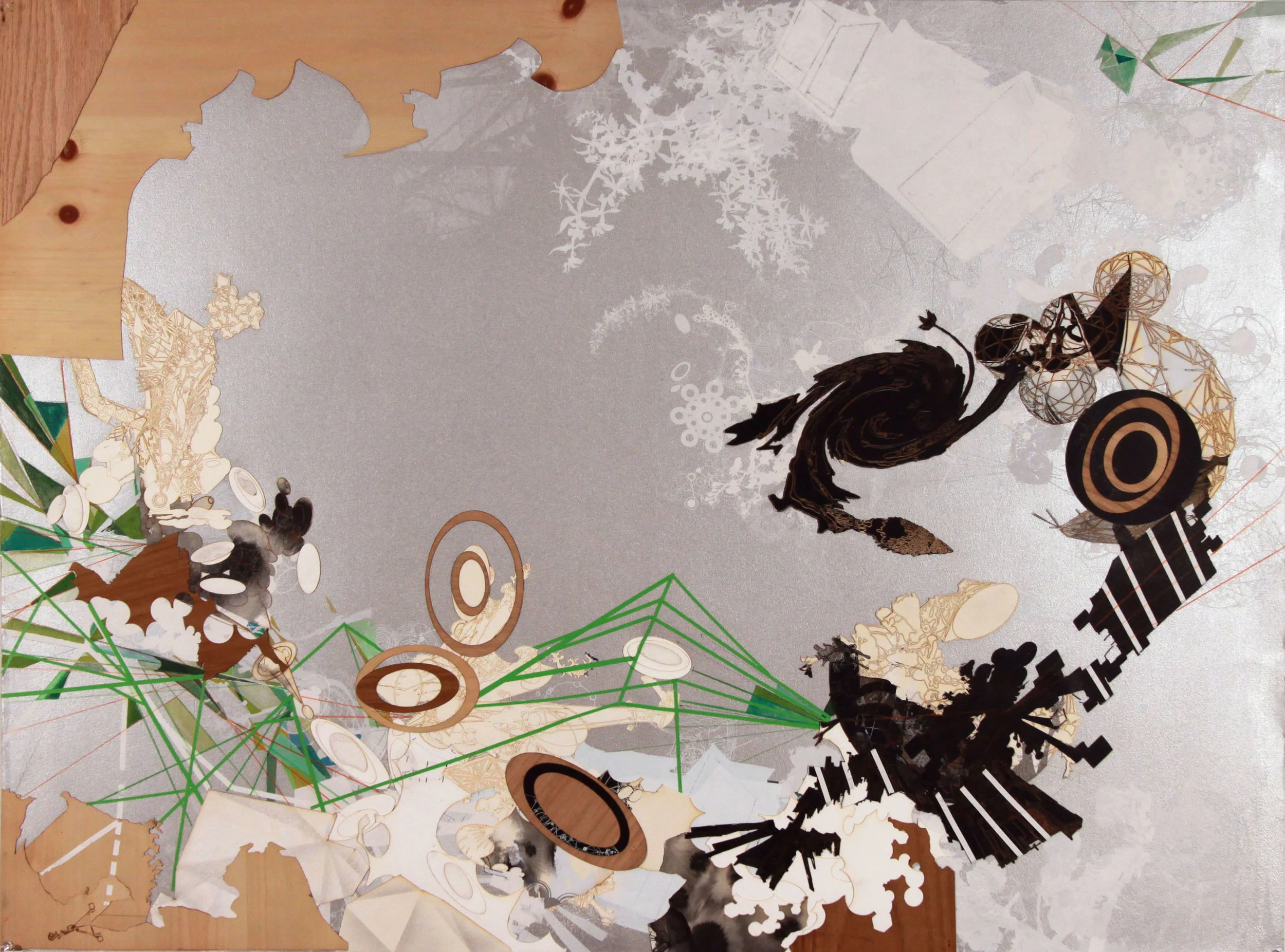 Flatland, 2003 - ongoing Unique silkscreen, laser engraved paper and wood veneer with hand coloring on paper 35 x 46 1/2 inches