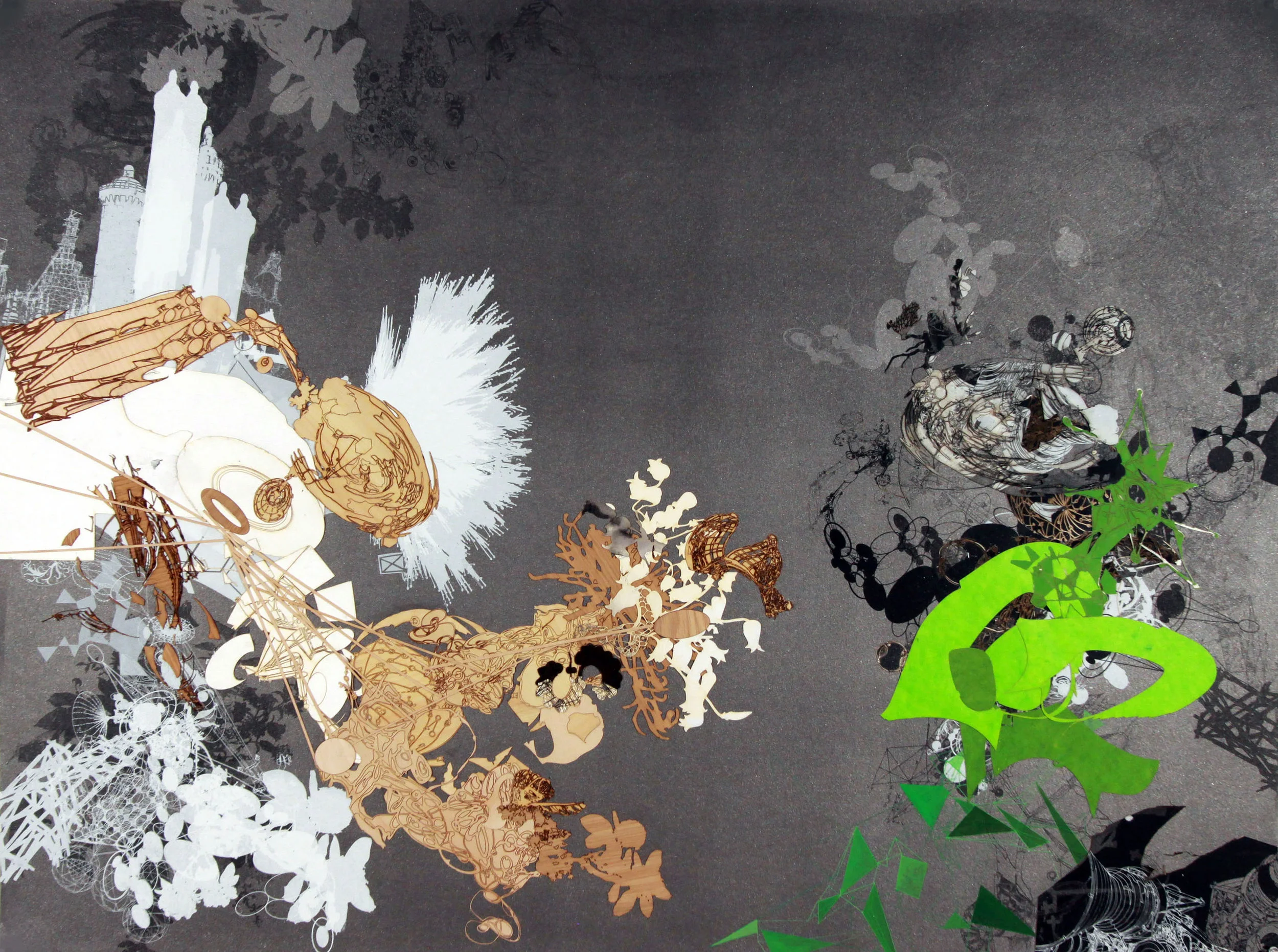  Flatland,&nbsp; 2003 - ongoing Unique silkscreen, laser engraved paper and wood veneer with hand coloring on paper 35 x 46 1/2 inches 