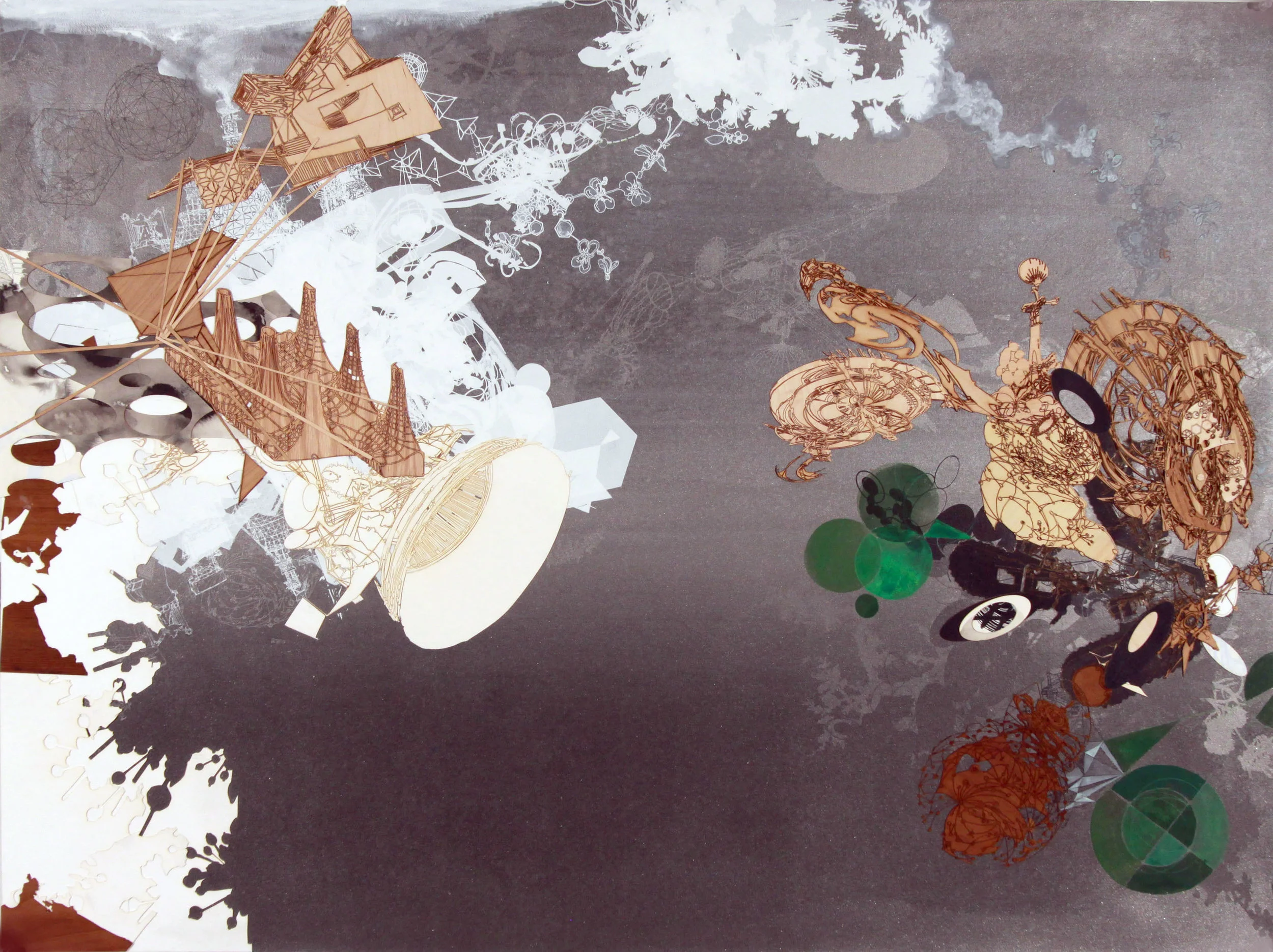  Flatland,&nbsp; 2003 - ongoing Unique silkscreen, laser engraved paper and wood veneer with hand coloring on paper 35 x 46 1/2 inches 