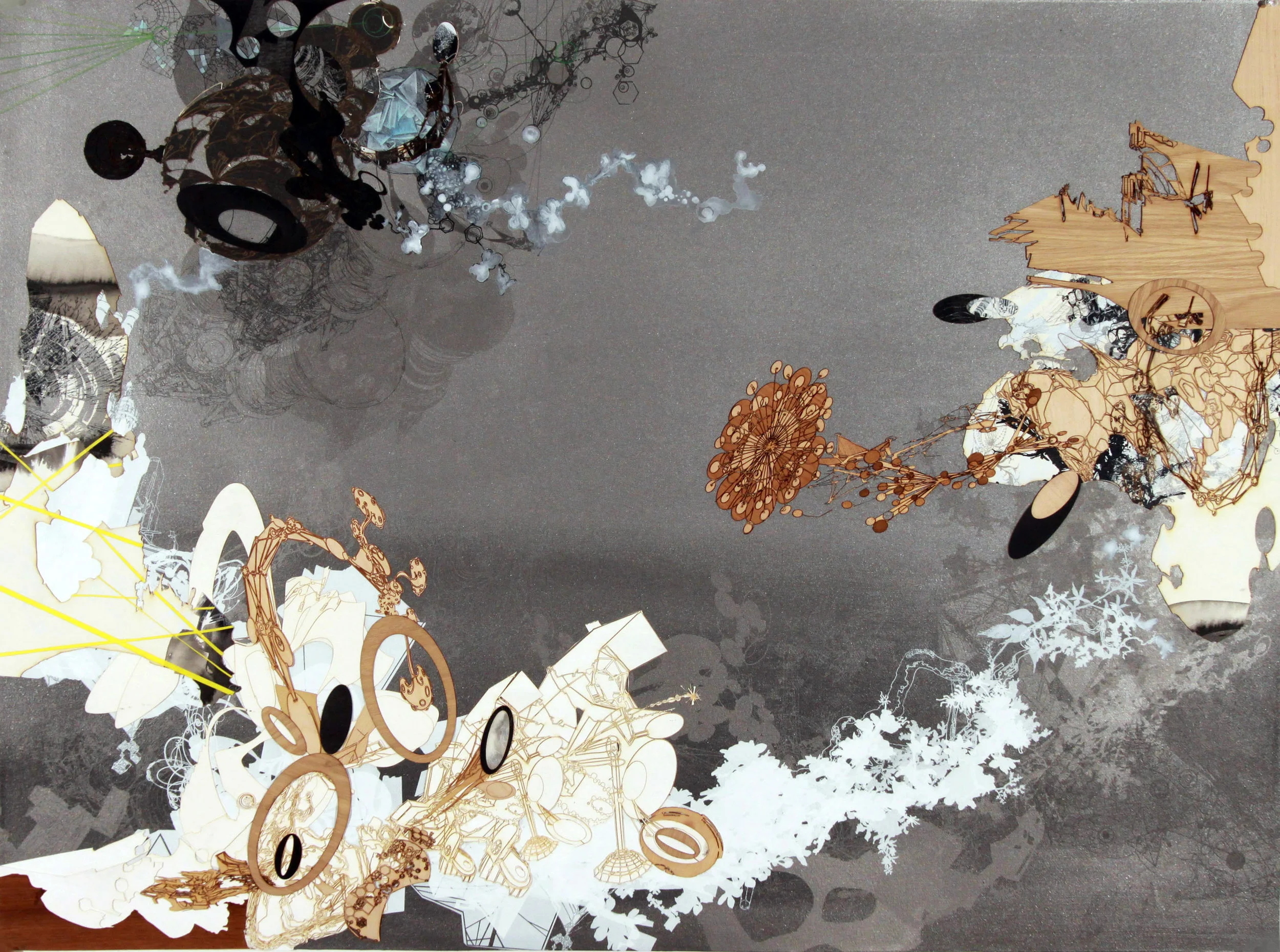  Flatland,&nbsp; 2003 - ongoing Unique silkscreen, laser engraved paper and wood veneer with hand coloring on paper 35 x 46 1/2 inches 