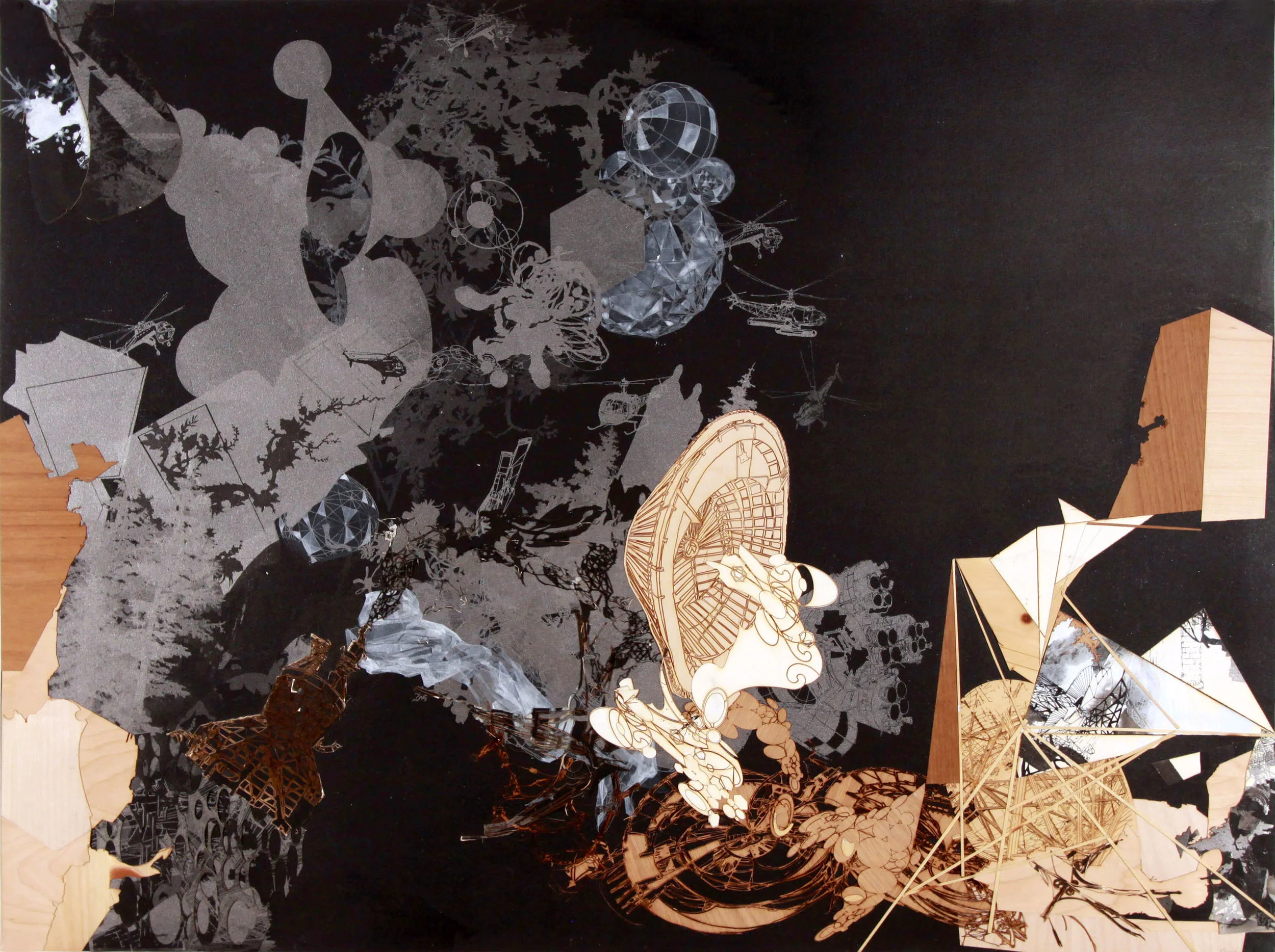 Flatland, 2003 - ongoing Unique silkscreen, laser engraved paper and wood veneer with hand coloring on paper 35 x 46 1/2 inches