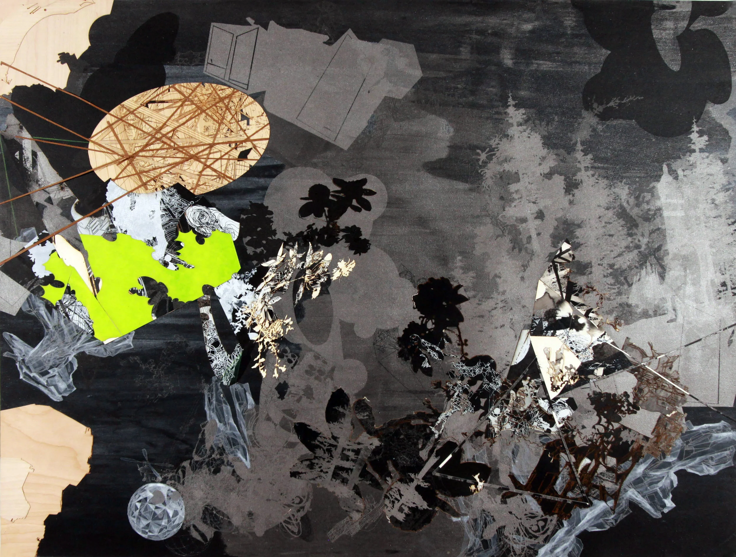  Flatland,&nbsp; 2003 - ongoing Unique silkscreen, laser engraved paper and wood veneer with hand coloring on paper 35 x 46 1/2 inches 