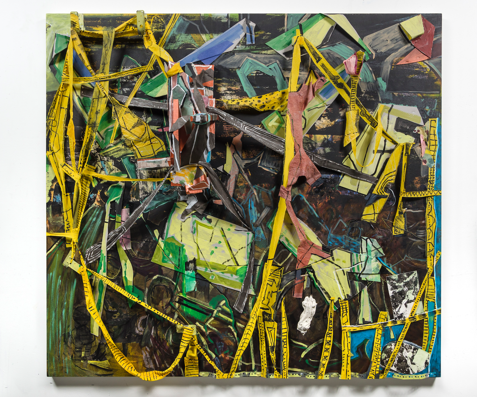 Iva Gueorguieva, Bound , 2018, Acrylic, collage, wood, hydro stone, metal on panel, 60 x 65 x 12 inches