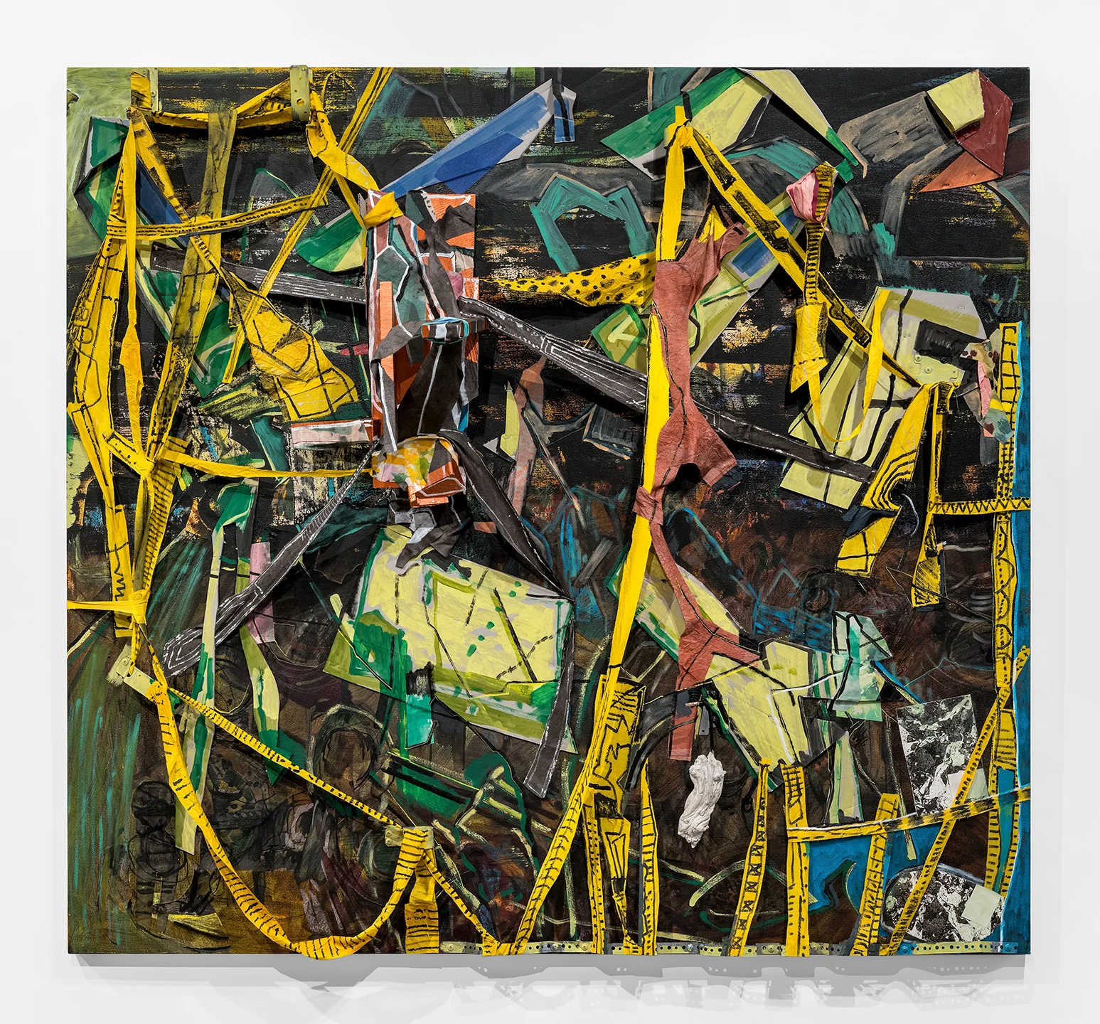 Bound, 2018 Acrylic, collage, wood, hydro stone, metal on panel 60 x 65 x 12 inches