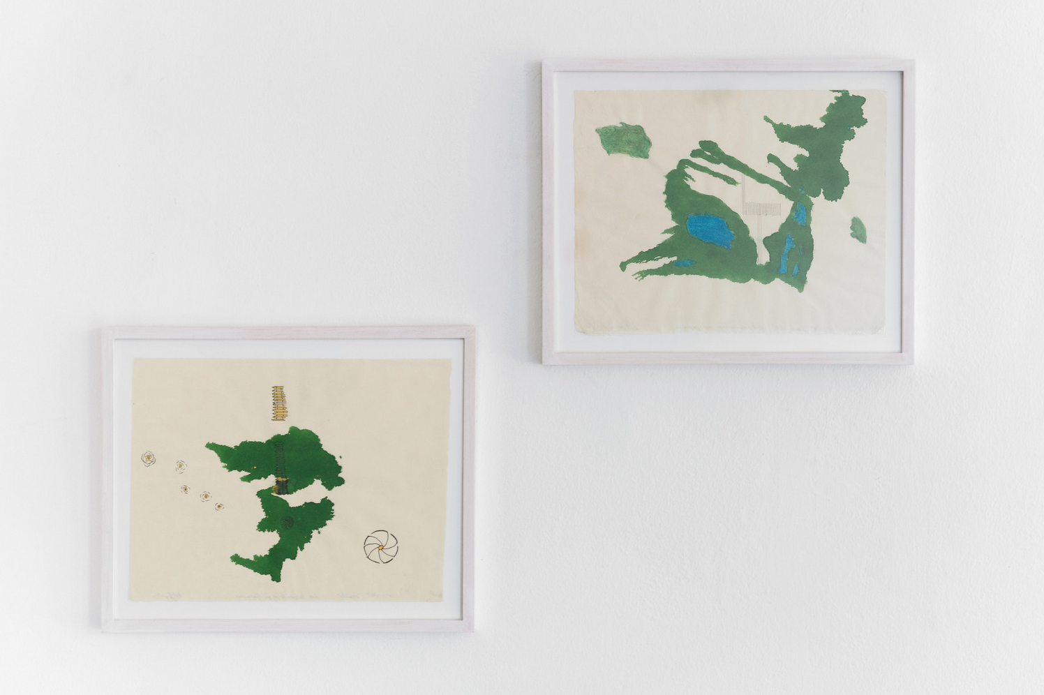   Mobility,  2011 ink and gouache on Japanese paper 10 x 12 3/4 inches   Land/Lakes , 2011 ink and gouache on Japanese paper 10 x 12 3/4 inches 