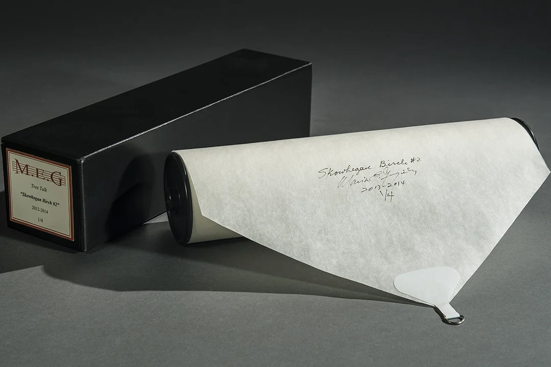 María Elena González, Skowhegan Birch #2 (2014). Player piano roll, 2 in. diameter x 11 1/2 x 11 7/8 in. Edition of 4, 1 AP plus 3 promos.