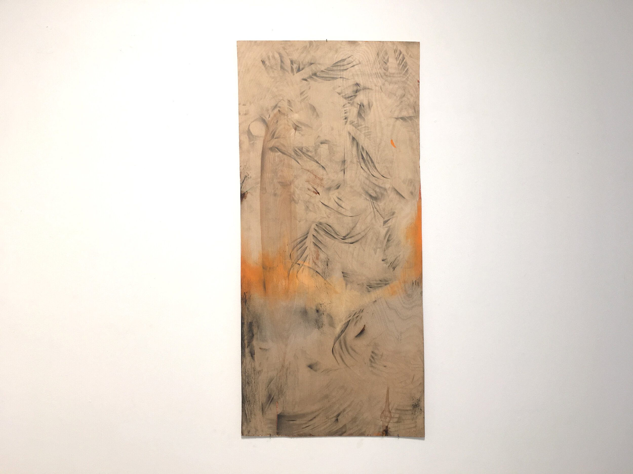   Cristina Jatib   Lightly Trudging Along , 2020 Graphite, acrylic wash, and footsteps on found wood panel 47 x 22 inches 
