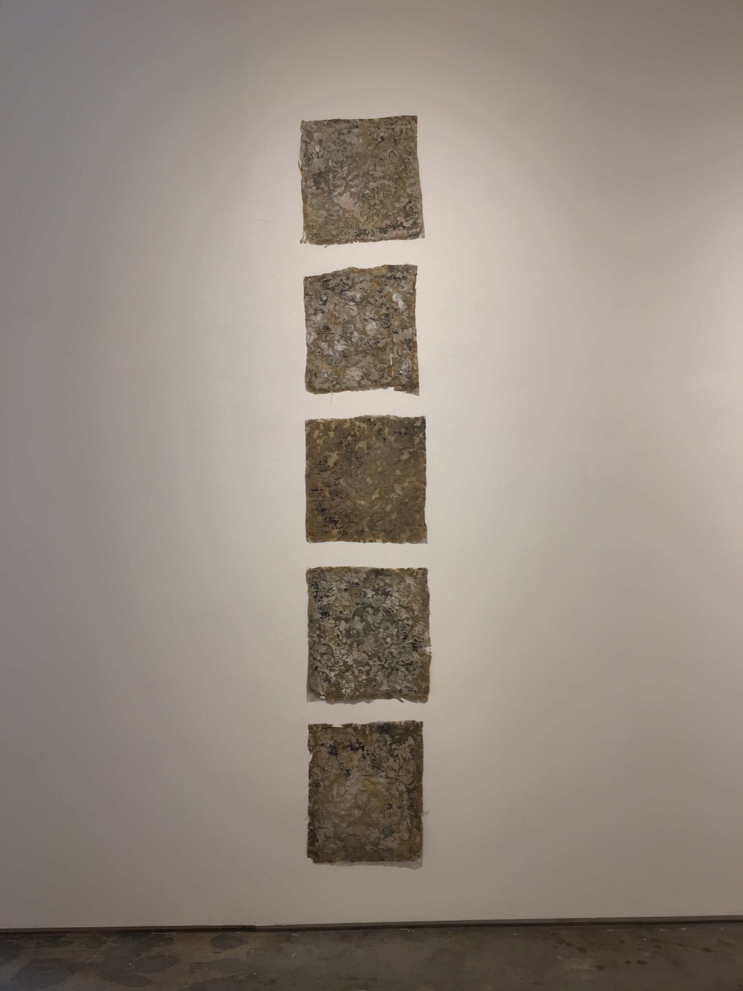   Melanie Bello   Semanas de Naufragio, 2 020 Fabric, Acrylic, Charcoal, and Flour (5) 19 x 20 inches each   