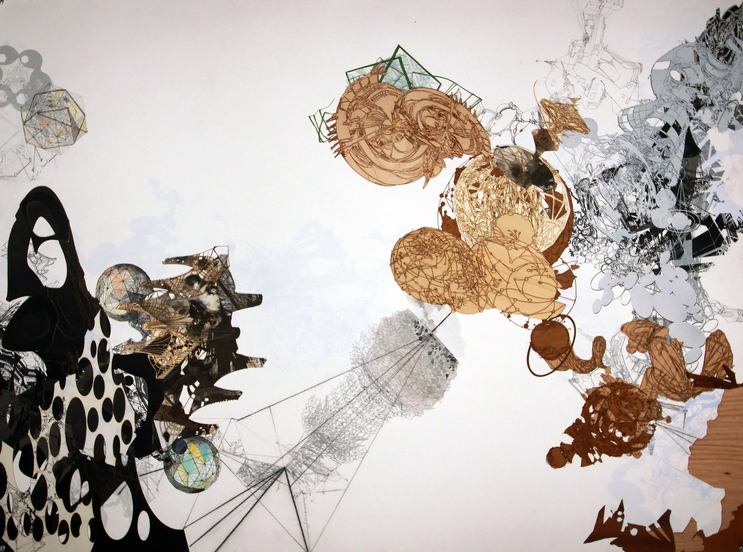   Tomas Vu    Flatland , 2003 - ongoing  Unique silkscreen, laser engraved paper and wood veneer with hand coloring on paper  35 x 46 1/2 in    