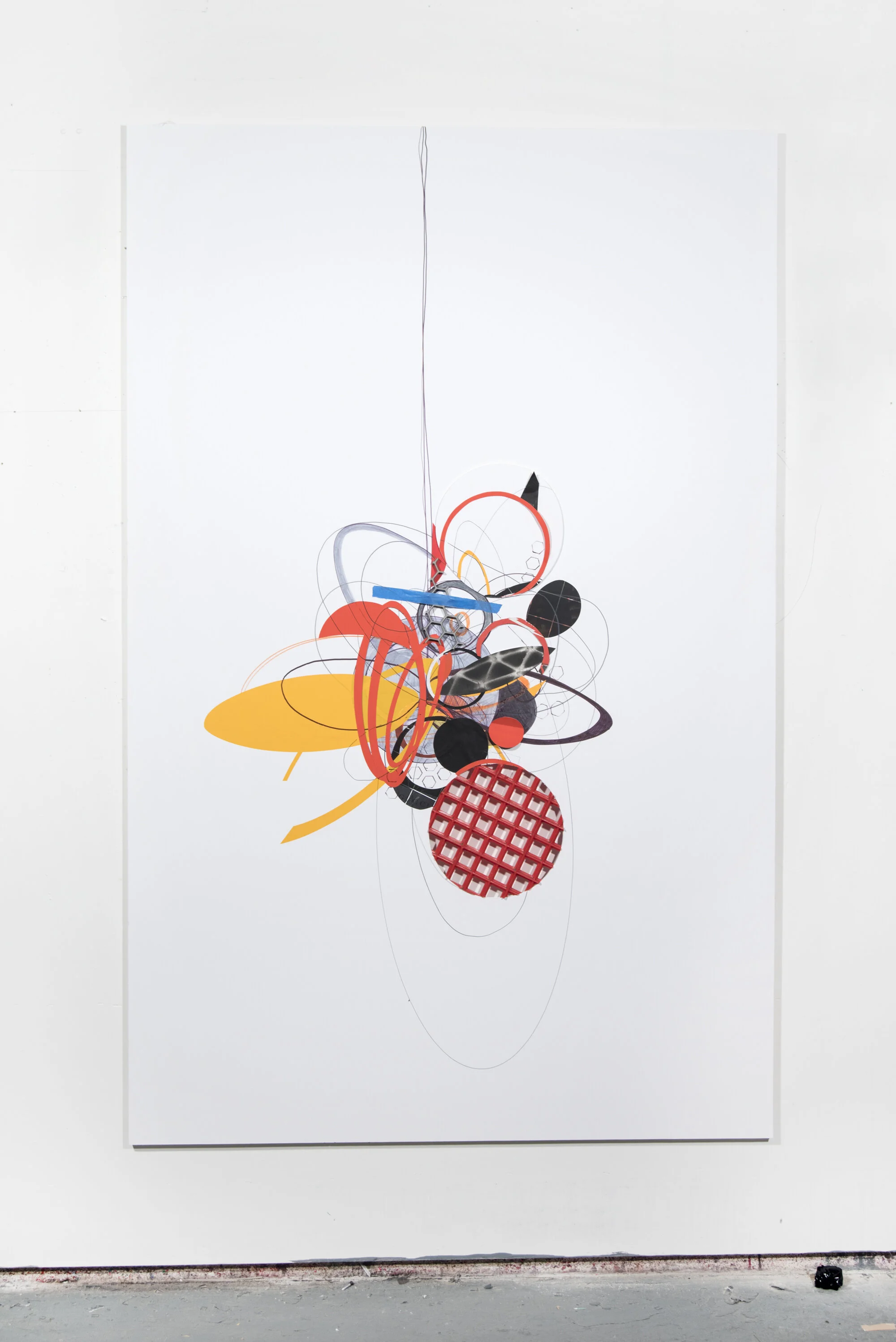  Rafael Domenech    Untitled (protocol to reuse parts),  2017  Mixed media collage, tape, wood, archival glue, pen,, pencil, plexiglass on museum board  75 x 48 inches    