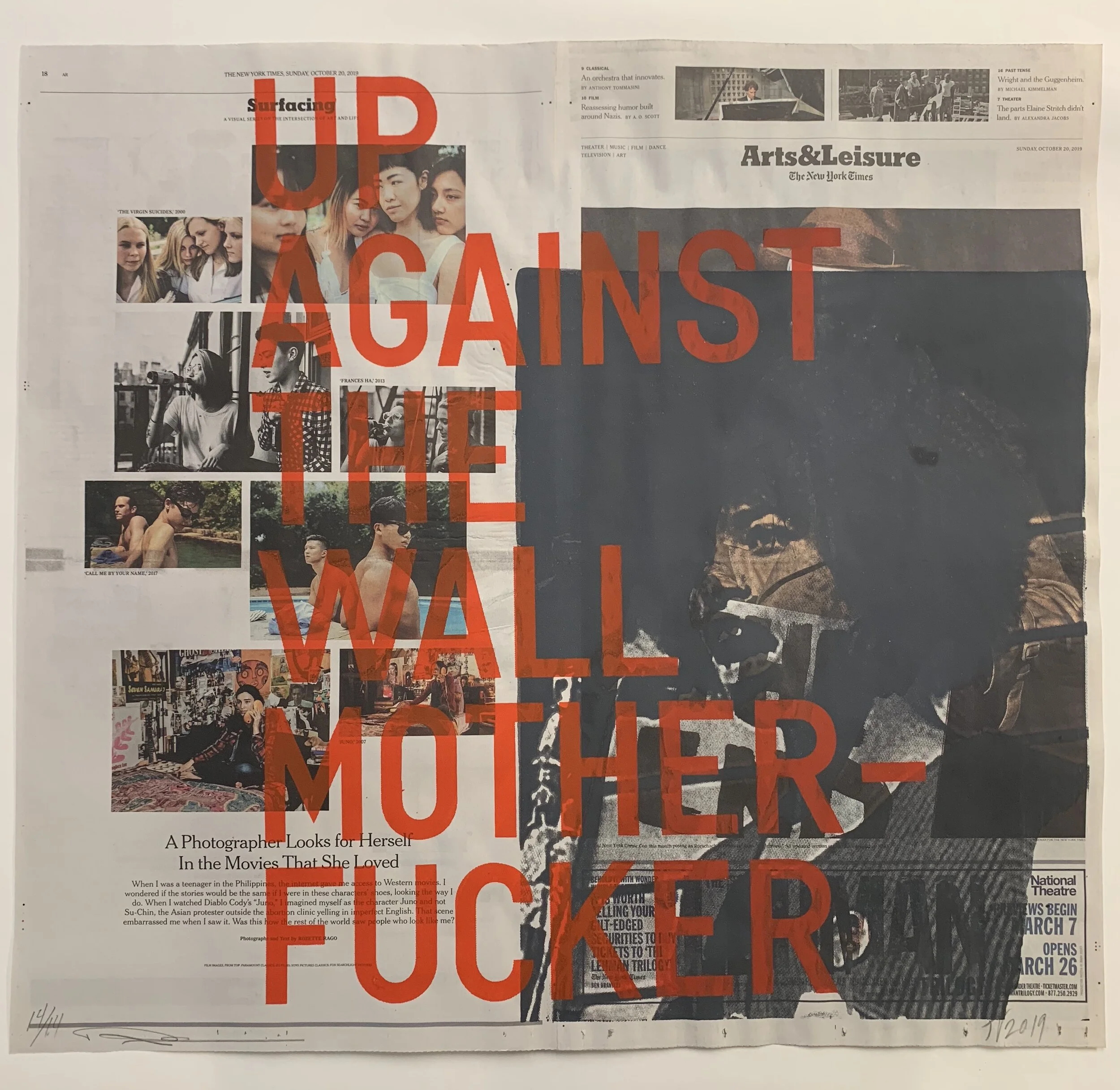   Rirkrit Tiravanija and Tomas Vu   Up Against the Wall Motherfucker  Silkscreen, pigment, clay and newspapers. 22 x 24 inches 