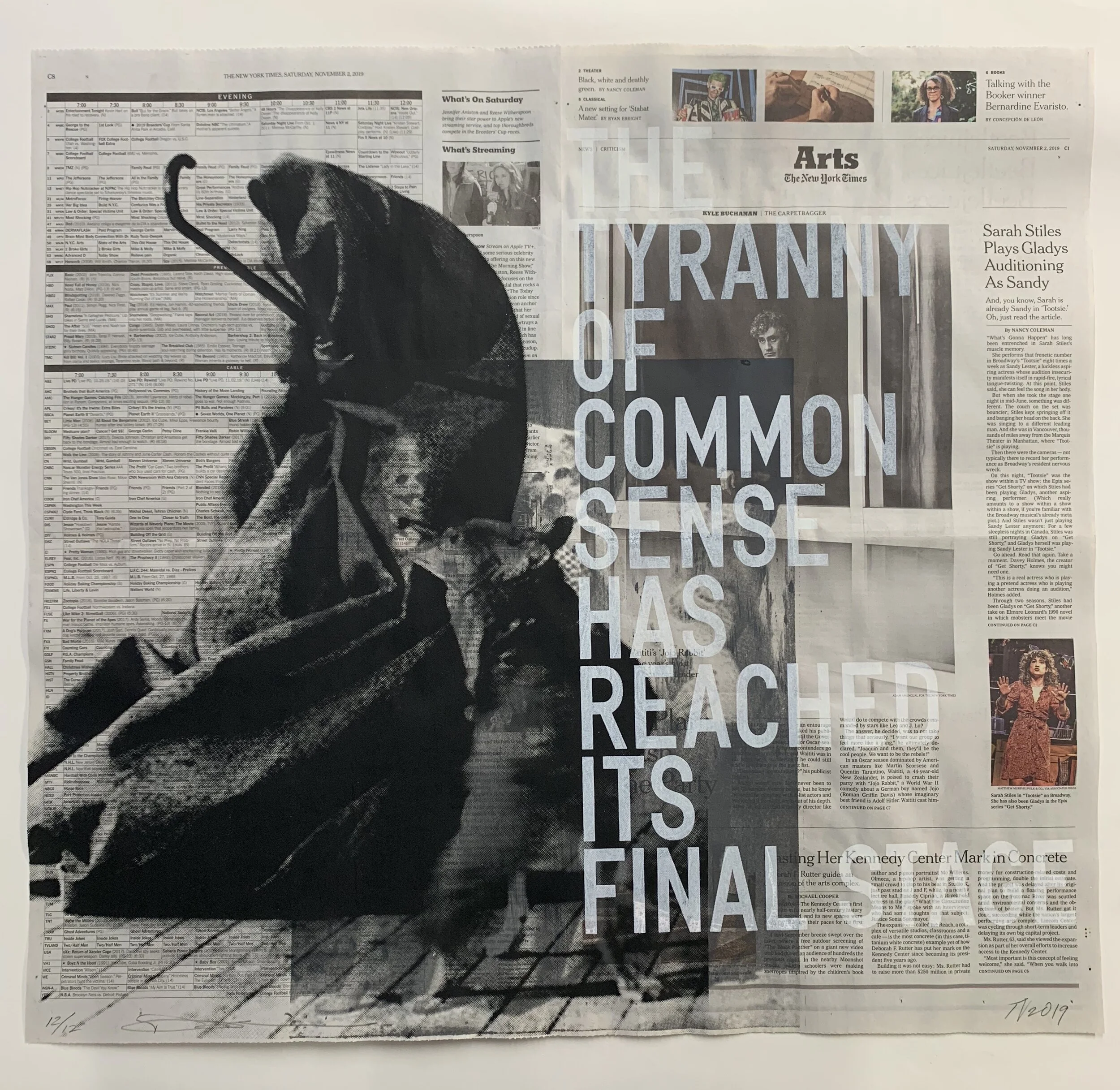   Rirkrit Tiravanija and Tomas Vu   The Tyranny of Common Sense Has Reached Its Final Stage  Silkscreen, pigment, clay and newspapers. 22 x 24 inches 