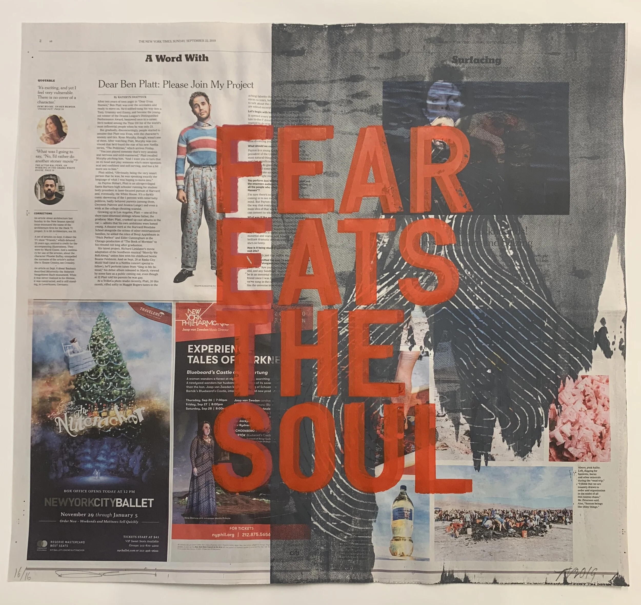   Rirkrit Tiravanija and Tomas Vu   Fear Eats The Soul  Silkscreen, pigment, clay and newspapers. 22 x 24 inches 
