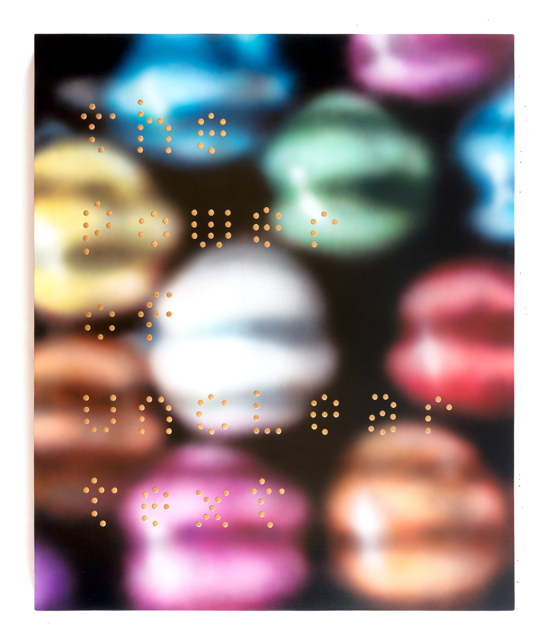   Raúl Cordero   Untitled (The Power of Unclear text...) , 2019 Acrylic, polyester and metallic pigments on canvas 69 x 57 in 175 × 145 cm 