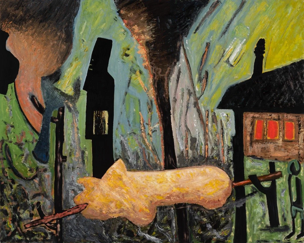   Rafael Ferrer   Alegoria , 2018 Oil on cradled board 48 x 60 in 121.9 x 152.4 cm     