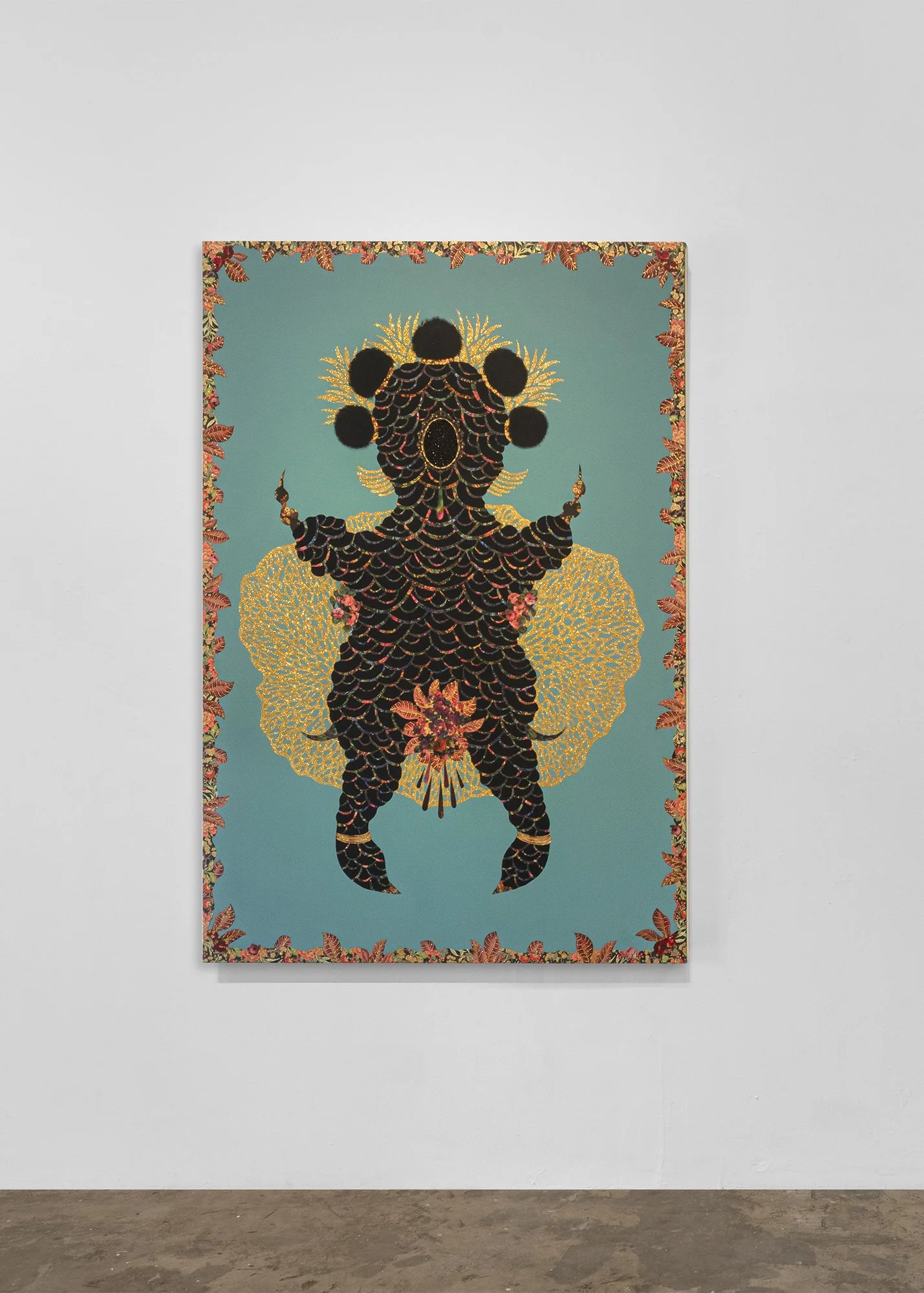   Vickie Pierre   You Be the Moon and I'll Be the Earth (Gaia) , 2022 Acrylic, metallic paint, decorative paper collage, and glitter on canvas, mounted on panel 66 x 45 inches 